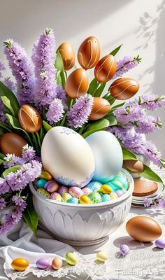 a painting of eggs and flowers in a white bowl on a table with other items