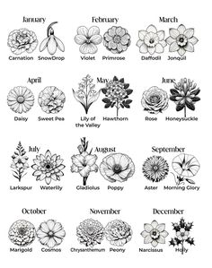 the different types of flowers are shown in black and white, with words below them