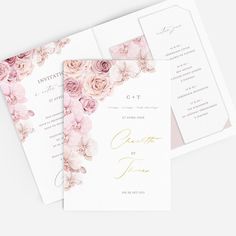 three wedding cards with pink flowers on them