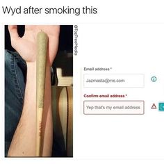 a person holding a wooden stick in their right hand, and an email address on the left