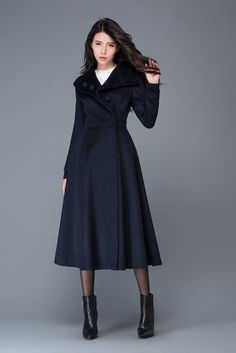 navy blue coat winter coat swing coat long coat warm by YL1dress Elegant Navy Long Pea Coat, Elegant Navy Long Sleeve Pea Coat, Elegant Long Navy Pea Coat, Elegant Navy Wool Coat For Fall, Elegant Navy Wool Coat, Elegant Navy Long Peacoat, Elegant Black Winter Peacoat, Chic A-line Wool Coat For Fall, Elegant Long Sleeve Winter Peacoat