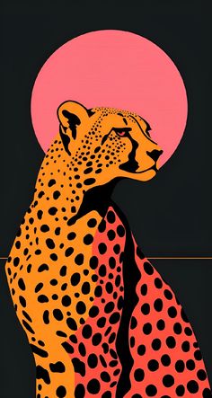 a cheetah sitting in front of a pink and black background