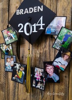 a graduation cap with pictures hanging on it