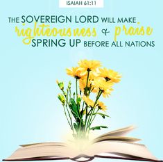 an open book with yellow flowers in it and the words, the sovereign lord will make righteousness & praise spring up before all nations