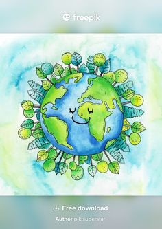 a drawing of the earth with trees and leaves around it on a watercolor background