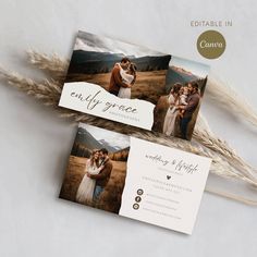 two wedding cards with the same photo on them, sitting next to some dried grass