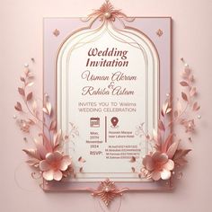 an elegant wedding card with flowers and leaves