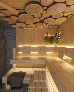 a room with wooden benches and lights on the ceiling is lit by recessed lighting