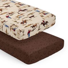 two mattresses with horses on them, one is brown and the other is white