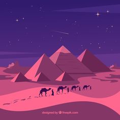 three camels walking in the desert with pyramids and stars above them at night