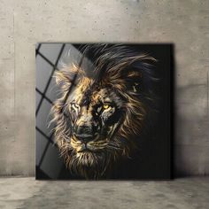 a painting of a lion on a wall in an empty room with concrete flooring