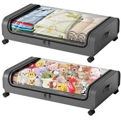 two plastic storage bins with stuffed animals on them