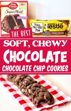 soft, chewy chocolate chip cookies on a red and white checkered napkin with the title