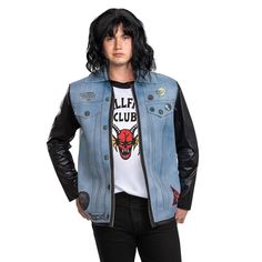 PRICES MAY VARY. PANTS SHOES & WIG NOT INCLUDED AND MADE OF FAUX PRINTED DENIM MATERIAL - Includes Jacket with attached shirt only OFFICIALLY LICENSED STRANGER THINGS EDDIE COSTUME - Be the president of the Hellfire Club in this Eddie Season 4 costume! AUTHENTIC EDDIE STRANGER THINGS COSTUME - Includes a faux denim jacket top, dimensional pocket flaps, faux zipper trim, and sublimated patch detailing COMFORTABLE ADULT STRANGER THINGS COSTUME JACKET - To complete the Season 4 look, this costume a Eddie Munson Costume, Stranger Things Eddie Munson, Stranger Things Eddie, Worst Costume, Stranger Things Costume, Hellfire Club, Fancy Dress Costume, Eddie Munson, Leather Sleeves