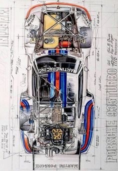 an image of a drawing of a car with blueprints and red, white and orange stripes