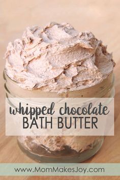 whipped chocolate bath butter in a glass jar on a wooden table with text overlay