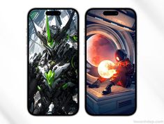 two cell phones with the same artwork on them, one showing an image of a robot and