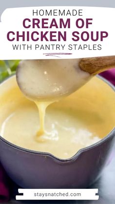 homemade cream of chicken soup with pantry staples in a pan and spoon pouring it into the pot