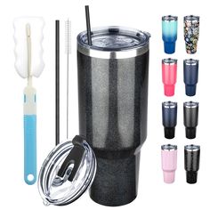 thermos cup with straw and lid is next to several different colored tumblers