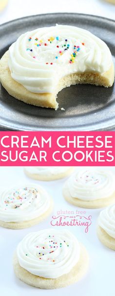 cream cheese sugar cookies with white frosting and sprinkles on a pan