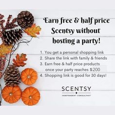 an advertisement with pine cones and pumpkins on it