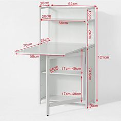 a white shelf with three shelves and measurements