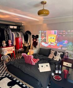 a bed room with a neatly made bed and lots of stuffed animals on the floor