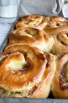 freshly baked cinnamon rolls in a baking pan