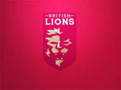 the british lions logo is shown on a bright pink background with gold foiling and white letters