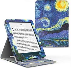 an open kindle case with a painting on the front and back cover in blue