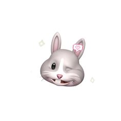 a cartoon rabbit with a pink heart on its nose and ears, smiling at the camera