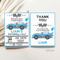 a blue race car birthday party card with thank you notes on the front and back