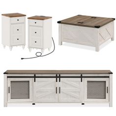 the furniture is all white and has wood accents on it, including a coffee table with drawers