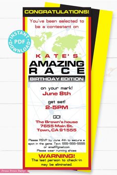 an event poster for the amazing race, featuring two tickets and a ticket to be auction