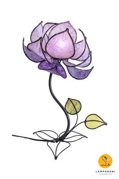 a drawing of a purple rose with leaves