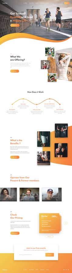 an orange and white web page with many different images on the front, side, and back