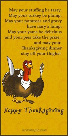 a thanksgiving card with a turkey holding a fork in it's hand and the words happy thanksgiving