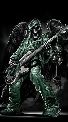 an image of a skeleton playing a guitar with wings on his head and holding it in one hand