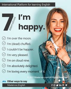 a woman wearing a jean jacket and smiling with the words 7 i'm happy