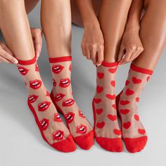 Add a dash of romance to your look with LECHERY Women's Hearts & Lips Sheer Crew Socks. This 2-pair set combines playful charm with elegance, featuring whimsical hearts and lips motifs on a delicate sheer fabric. Perfect for adding a fun yet sophisticated touch to any outfit, these socks are designed to keep you comfortable all day with their breathable material. Whether you're dressing up for a special occasion or adding a bit of flair to your everyday style, these crew socks offer a unique ble Trendy Red Socks As A Gift, Trendy Red Socks As Gift, Trendy Red Socks For Summer, Trendy Red Socks For Gift, Trendy Red Socks For Gifts, Love Heart Socks, Red Hearts Socks, Heart Pattern Socks, Cheap Red Non-slip Socks