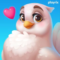 a white bird with a pink heart on it's nose and the words playix above it