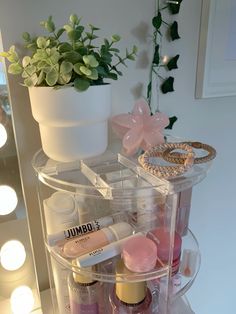 an assortment of beauty products in a clear container