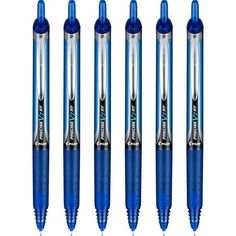 four blue pens are lined up next to each other