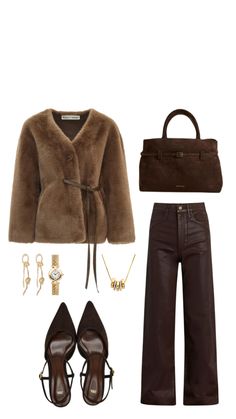 a woman's outfit with brown shoes and accessories