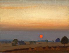 an oil painting of a sunset over a field with hay bales and trees in the foreground