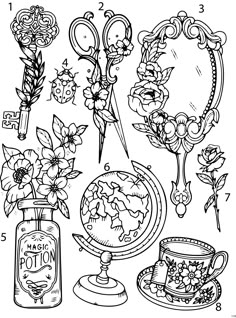 an image of flowers and vases in black and white with numbers on the side