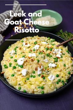 a bowl filled with pasta, peas and goat cheese risotto on top of a purple table