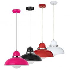 three different colored lights hanging from the ceiling and one is black, white, pink, red