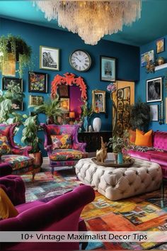 a living room filled with lots of colorful furniture and pictures on the wall above it