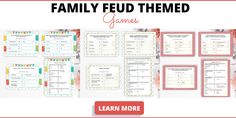 the family feed game is shown on a white background with red and green trimmings